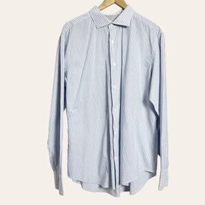 Eleventy Dandy White Blue Striped Modern Fit Button Up Dress Shirt Men's XXL